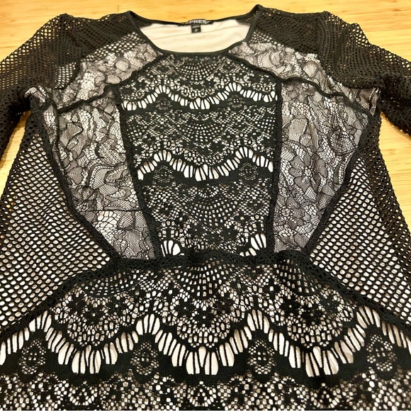 Express Black Lace Mesh Long Sleeve Bodycon Mini Dress Size Small Sexy Club Y2K - Picture 4 of 7